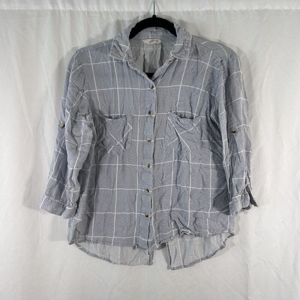 Sim & Sam Blouse Women's Large Blue Plaid Button Up 3/4 Sleeve Lightweight